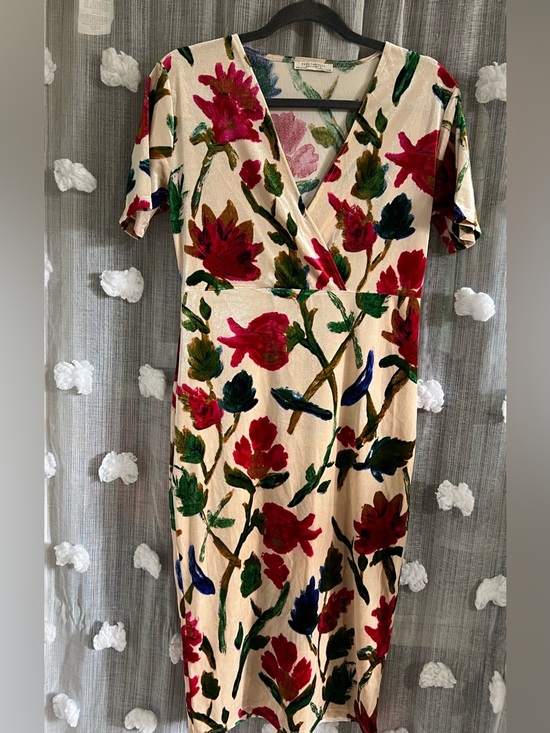 Zara Dresses & Skirts - Zara Floral Wrap-Front Midi Dress in Cream with Red & Green velvet Print